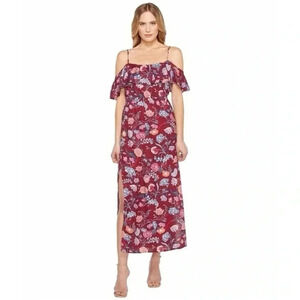 Lucky Brand Red Wine Bohemian Floral Maxi Dress Off The Shoulders Size L Large